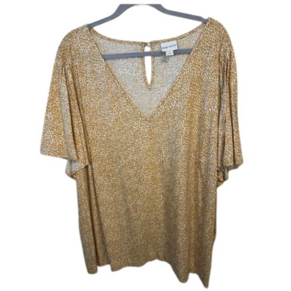 Ava & Viv V-Neck Blouse • Mustard Dot Print • Plus Size Casual Chic Top